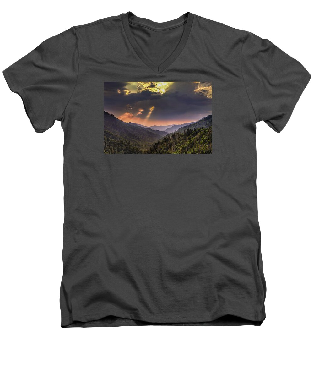 Mountain Men's V-Neck T-Shirt featuring the photograph Breaking Thru at Sunset by Andrew Soundarajan