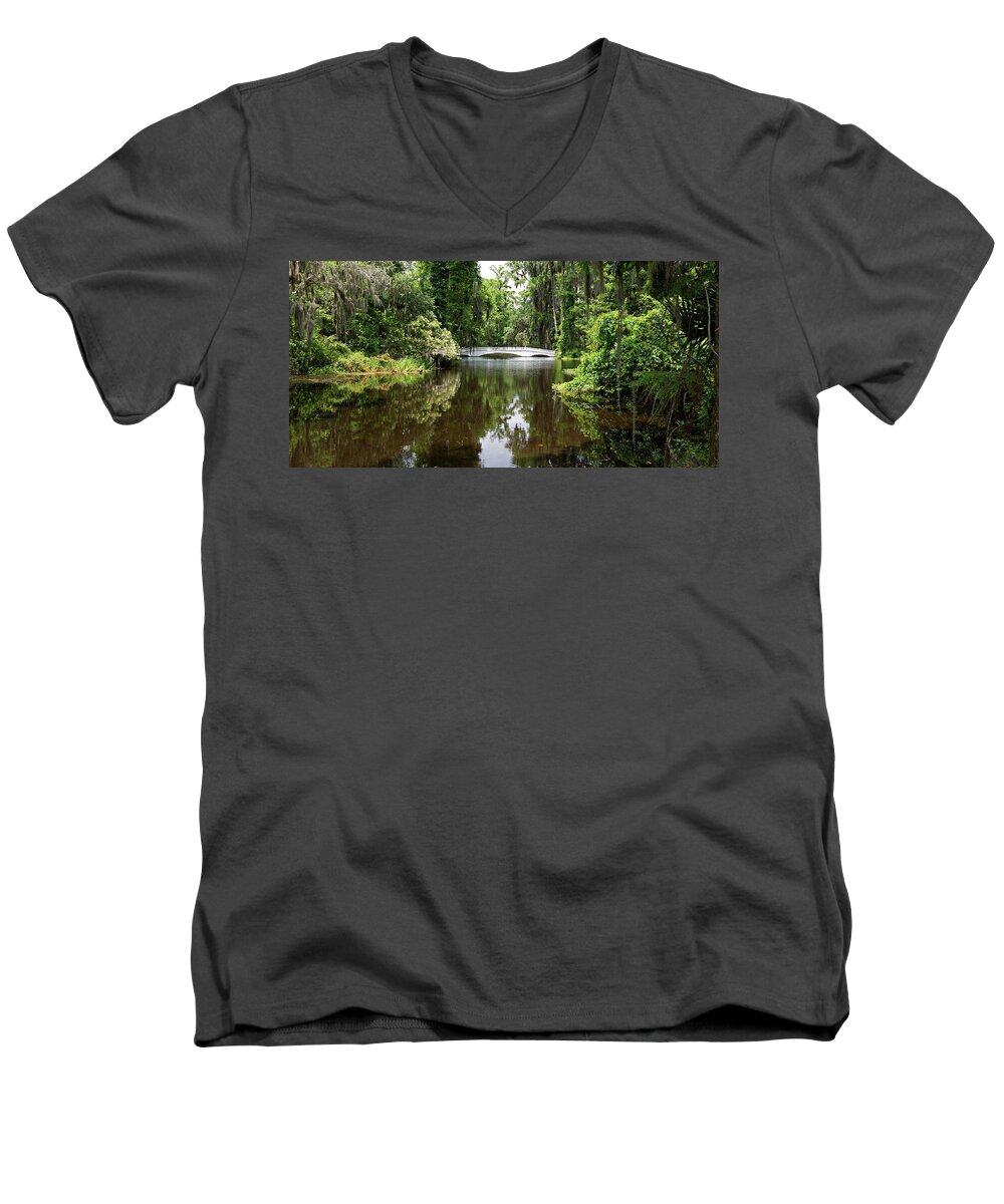 Bridge Men's V-Neck T-Shirt featuring the photograph Bridge in the Garden by Sandy Keeton