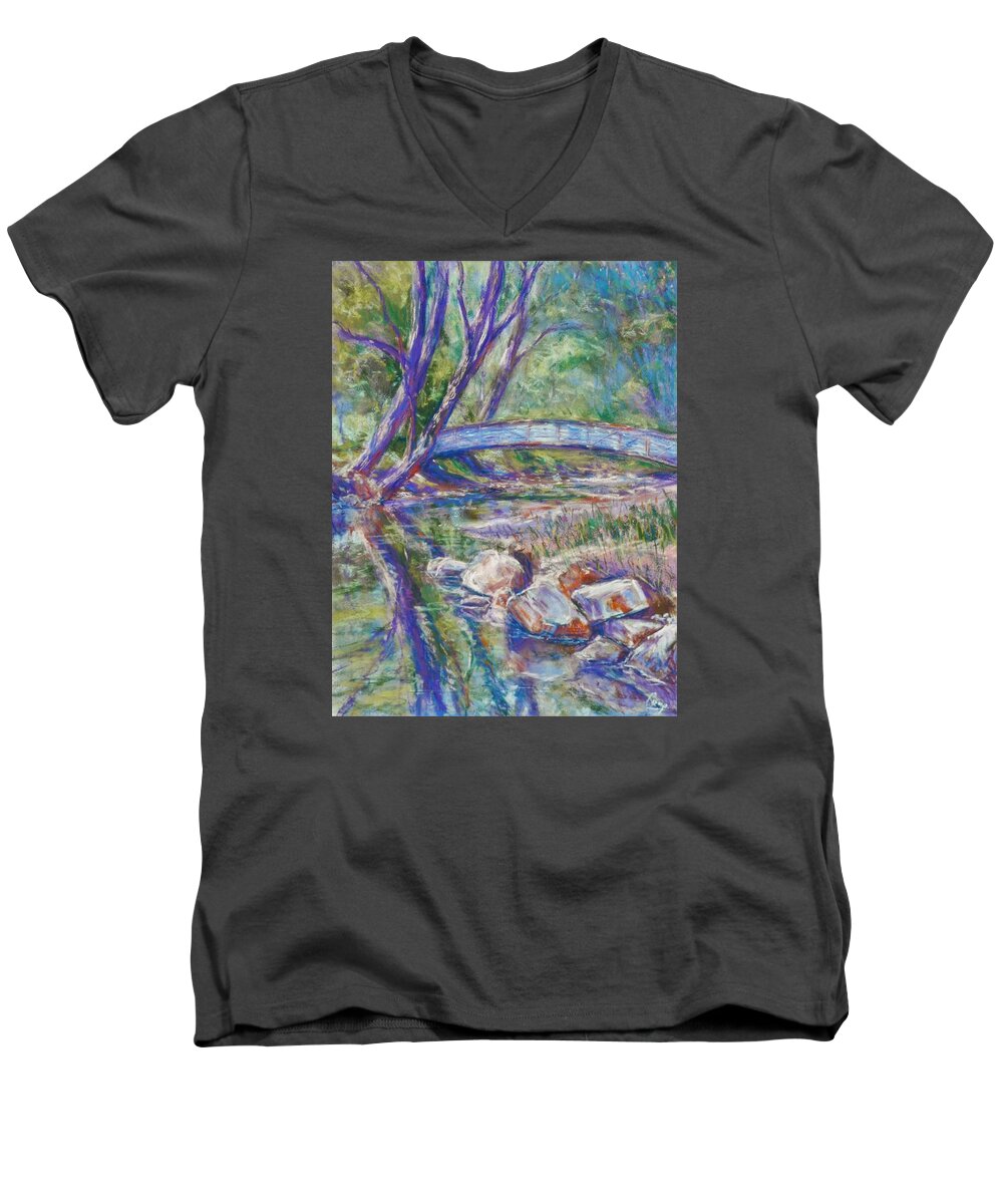 Impressionist Men's V-Neck T-Shirt featuring the painting Bridge Over Cascade Creek by Michael Camp