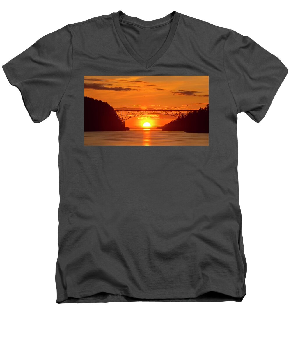 Sunset Men's V-Neck T-Shirt featuring the photograph Bridge Sunset by Tony Locke