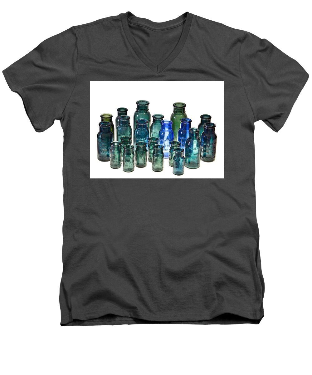 Bromo Seltzer Vintage Glass Bottles Men's V-Neck T-Shirt featuring the photograph Bromo Seltzer Vintage Glass Bottles Collection by Marianna Mills