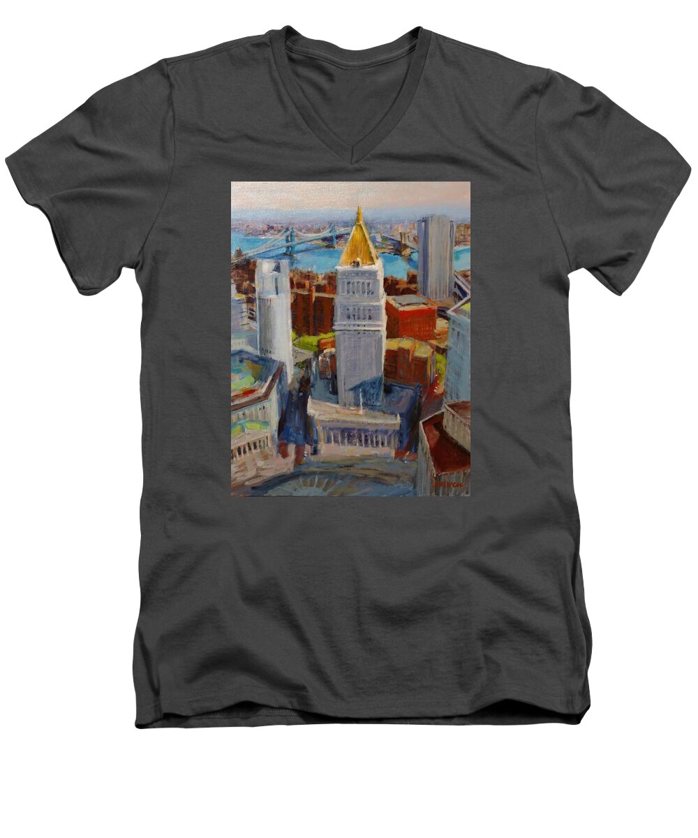 New York Men's V-Neck T-Shirt featuring the painting Brooklyn and East River Bridges from Foley Square by Peter Salwen