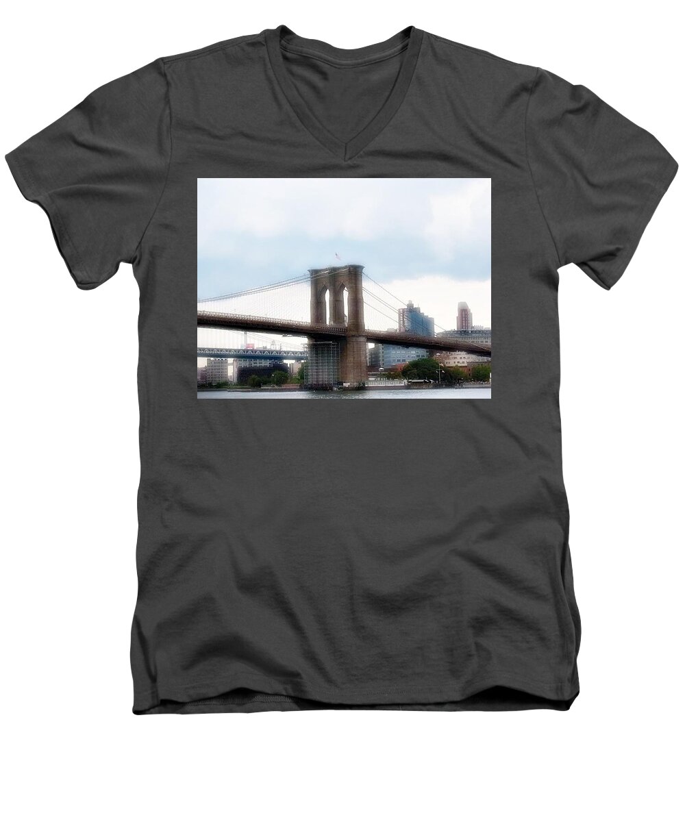 Nyc Men's V-Neck T-Shirt featuring the photograph Brooklyn Bridge by Donna Andrews