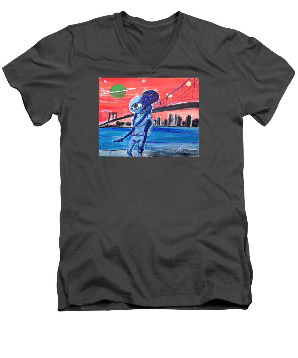 Play Date Men's V-Neck T-Shirt featuring the painting Brooklyn Play Date by Similar Alien