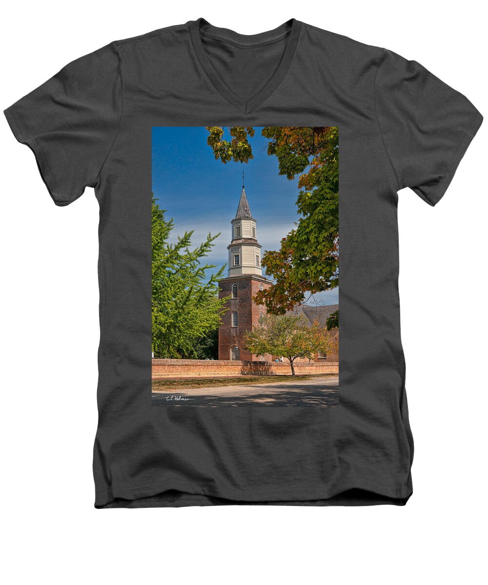 Williamsburg Men's V-Neck T-Shirt featuring the photograph Bruton Parish Church by Christopher Holmes