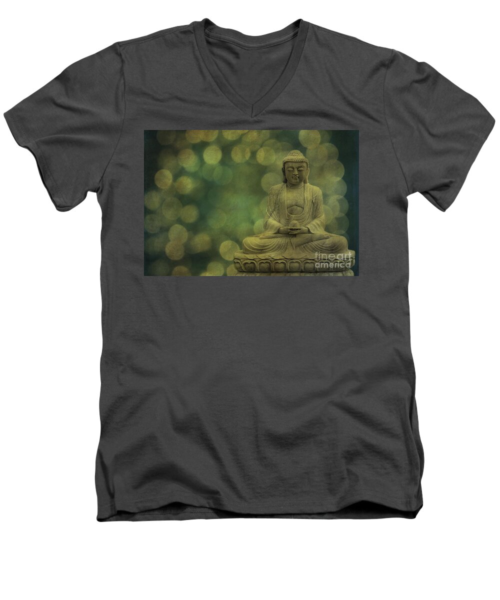 Buddha Men's V-Neck T-Shirt featuring the photograph Buddha Light Gold by Hannes Cmarits