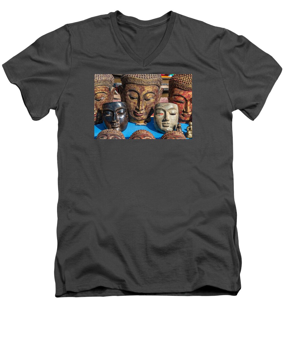 Burma Men's V-Neck T-Shirt featuring the photograph Buddha Masks Hadicrafts by Judith Barath