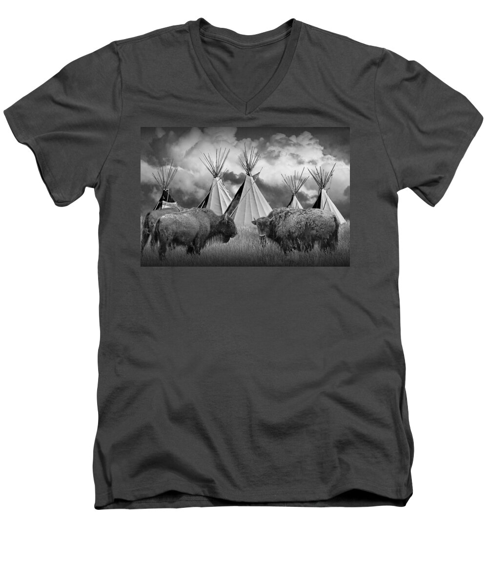 Native Men's V-Neck T-Shirt featuring the photograph Buffalo Herd among Teepees of the Blackfoot Tribe by Randall Nyhof