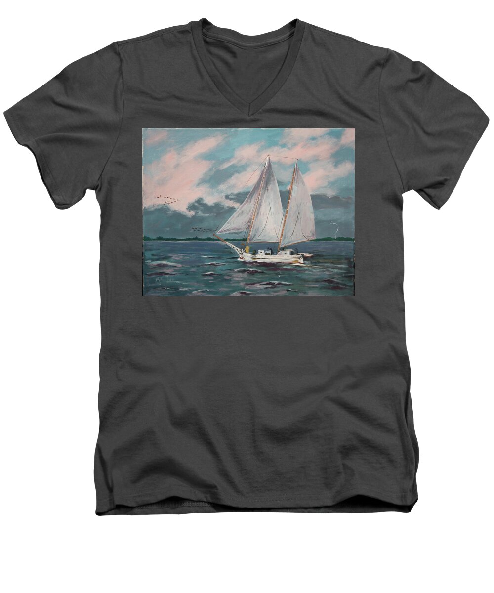 Bugeye Men's V-Neck T-Shirt featuring the painting Bugeye Racing the Storm by Mike Jenkins