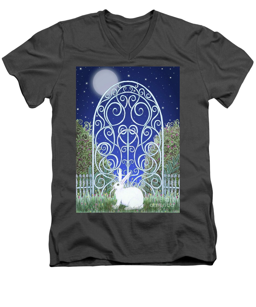 Lise Winne Men's V-Neck T-Shirt featuring the mixed media Bunny, Gate and Moon by Lise Winne