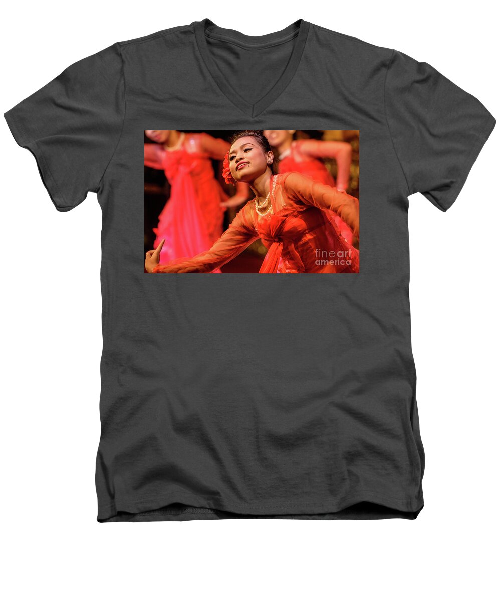 Dance; Ethnic; People;performer;performance;red;motion;movem Men's V-Neck T-Shirt featuring the photograph Burmese Dance 1 by Werner Padarin