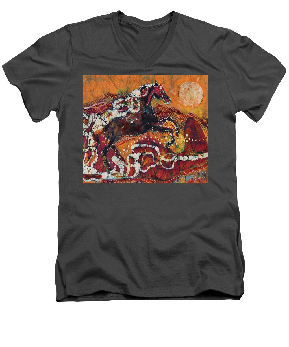 Horse Batik Equine Art Men's V-Neck T-Shirt featuring the tapestry - textile Bursting Into the Sky by Carol Law Conklin