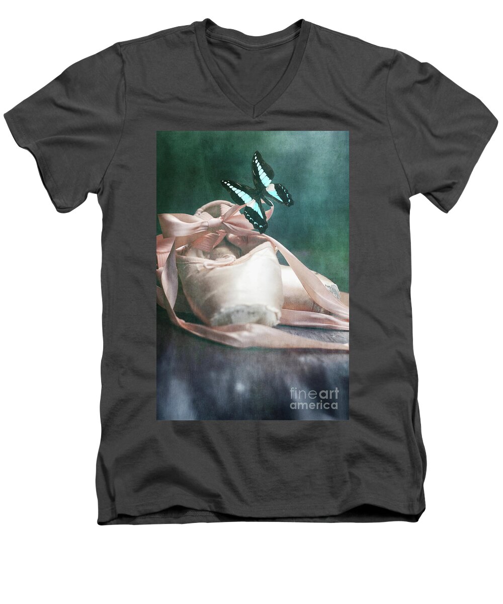 Ballerina Men's V-Neck T-Shirt featuring the photograph Butterfly and Ballerina Pointe Shoes by Stephanie Frey