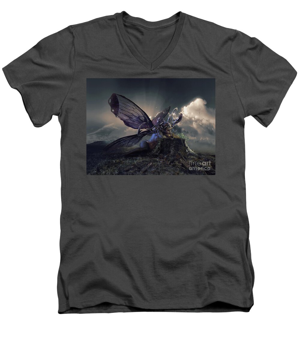 Butterfly Men's V-Neck T-Shirt featuring the digital art Butterfly and Caterpillar by Shanina Conway