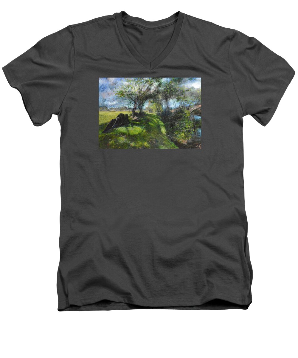 Landscape Men's V-Neck T-Shirt featuring the pastel By the Dee by Harry Robertson