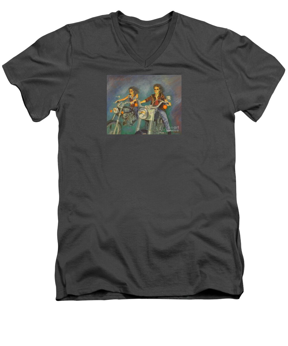 Motorbykes Men's V-Neck T-Shirt featuring the painting Byker by Dagmar Helbig