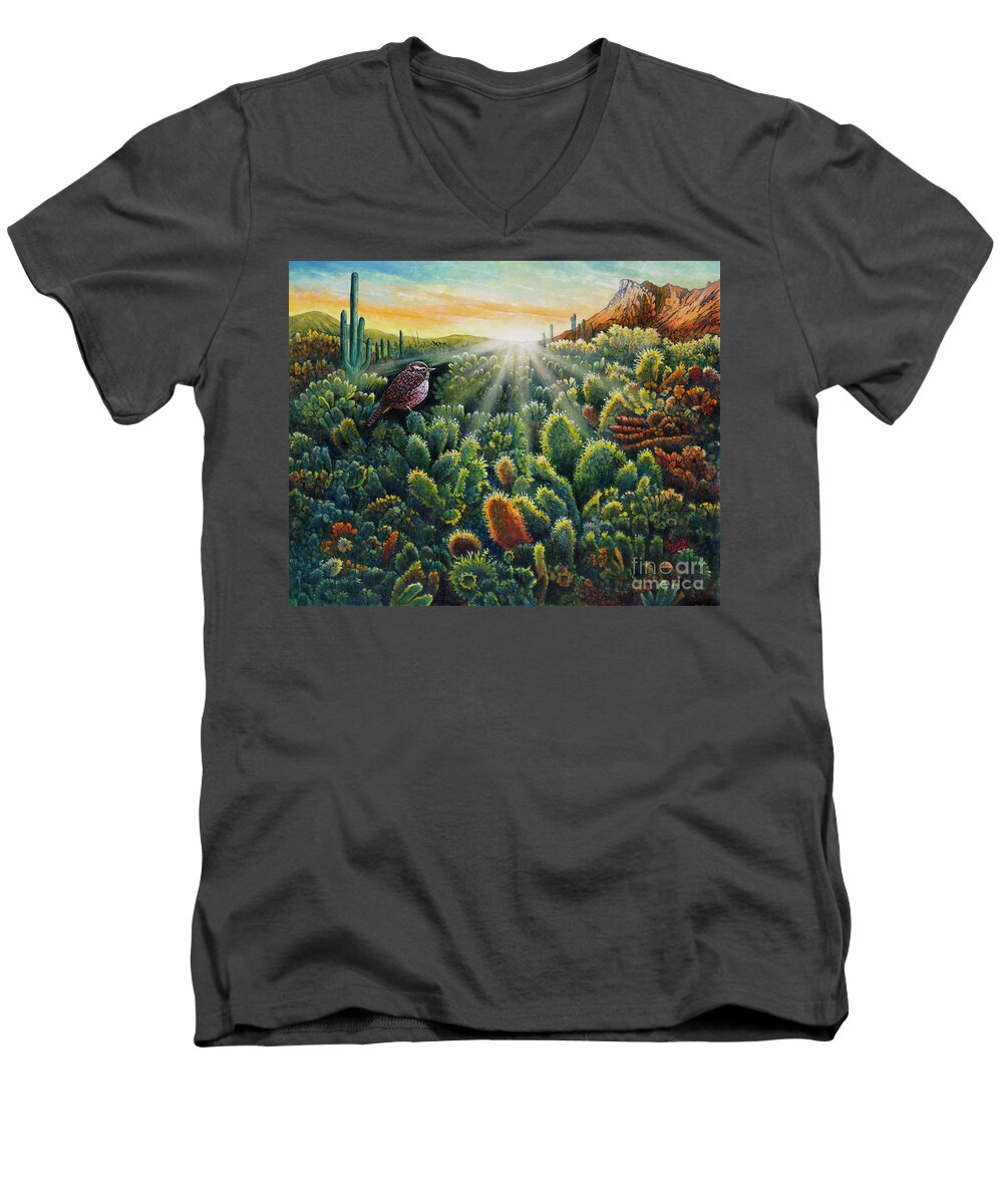 Cactus Wren Men's V-Neck T-Shirt featuring the painting Cactus Wren by Michael Frank