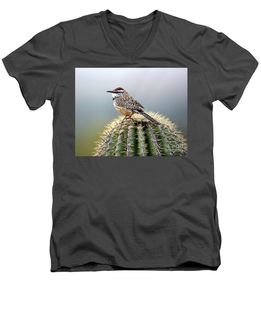 Denise Bruchman Men's V-Neck T-Shirt featuring the photograph Cactus Wren on Saguaro by Denise Bruchman