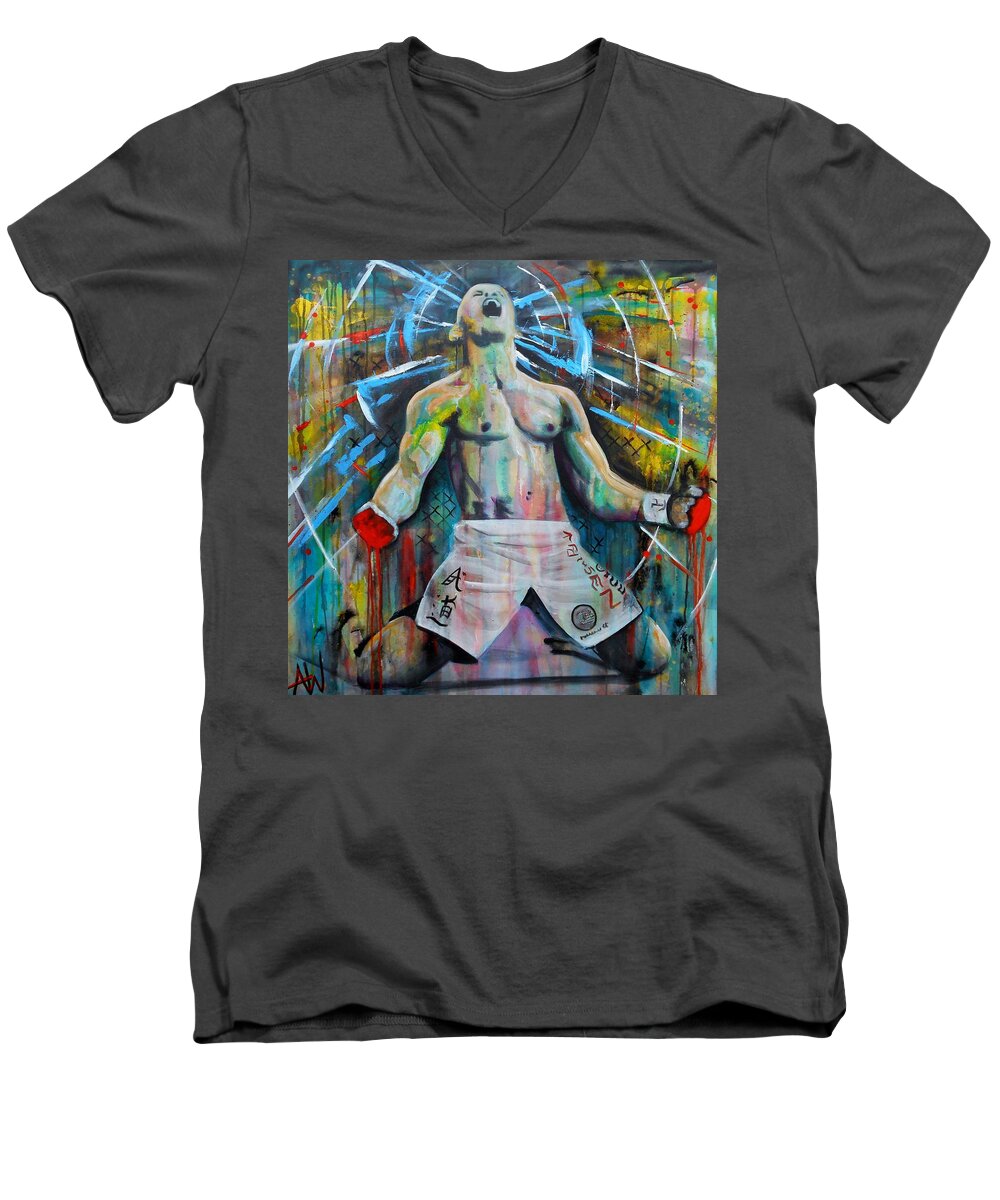 Art Men's V-Neck T-Shirt featuring the painting Cage Fighter by Angie Wright