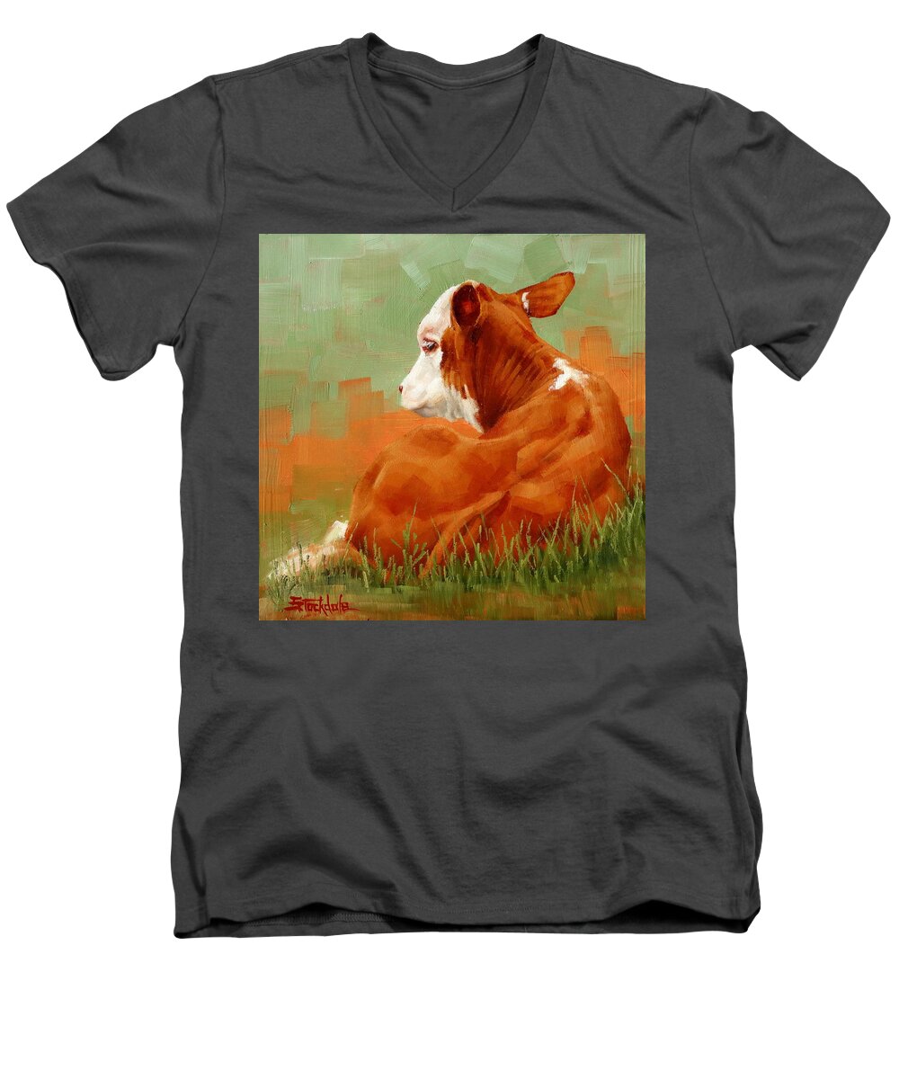 Calf Men's V-Neck T-Shirt featuring the painting Calf Reclining by Margaret Stockdale