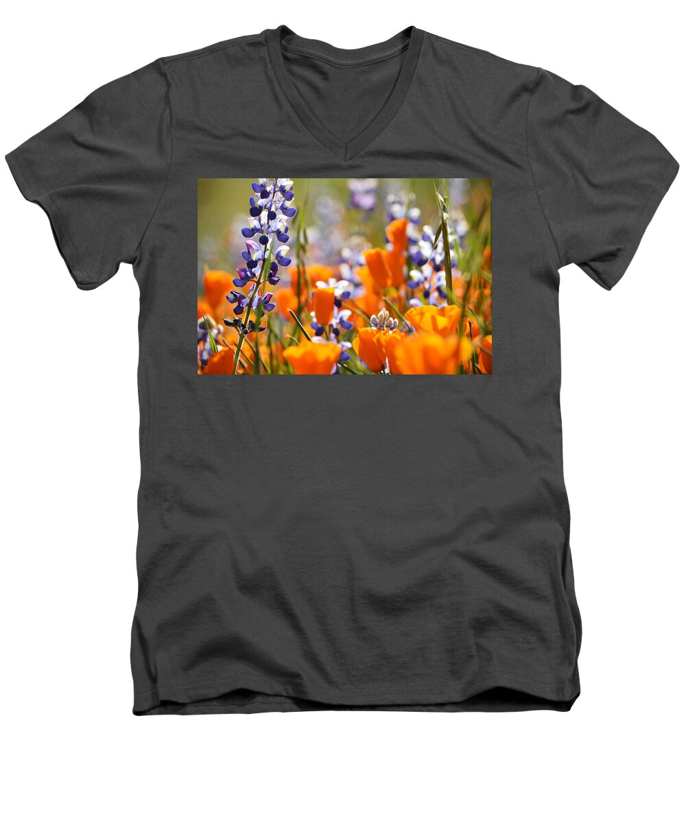 California Men's V-Neck T-Shirt featuring the photograph California Poppies and Lupine by Kyle Hanson