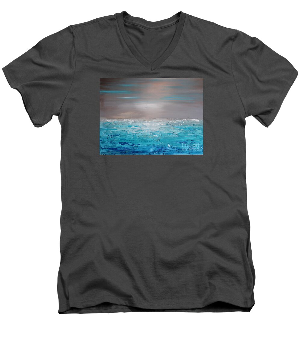 Gray Men's V-Neck T-Shirt featuring the painting Calm water by Preethi Mathialagan