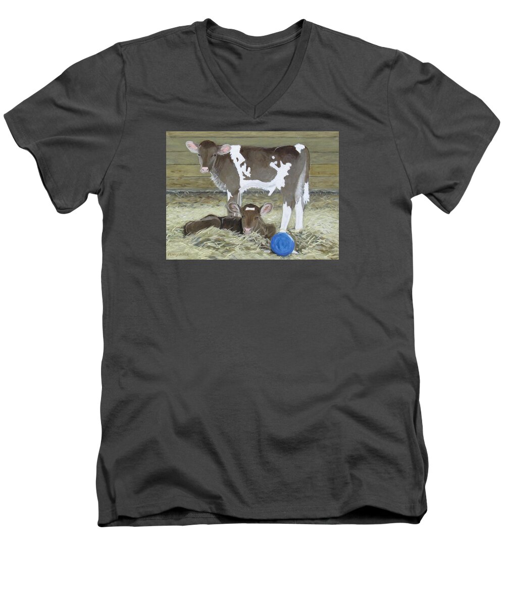 Guernsey Calves Men's V-Neck T-Shirt featuring the painting Calves Playing with a Blue Ball by Barb Pennypacker