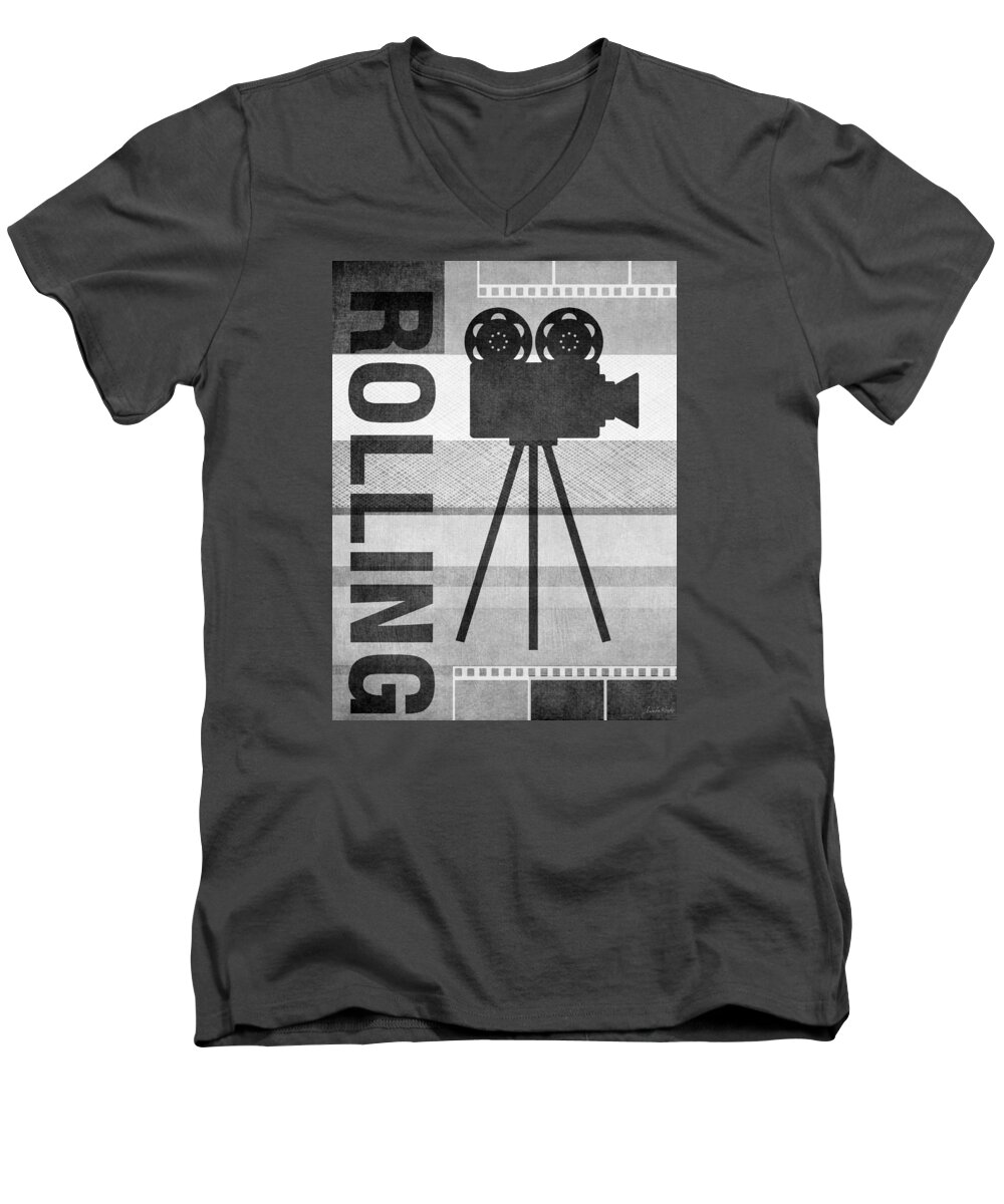 Movie Men's V-Neck T-Shirt featuring the mixed media Cameras Rolling- Art by Linda Woods by Linda Woods