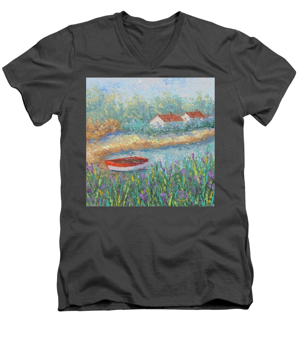 Provence Men's V-Neck T-Shirt featuring the painting Canal du Midi Provence by Frederic Payet
