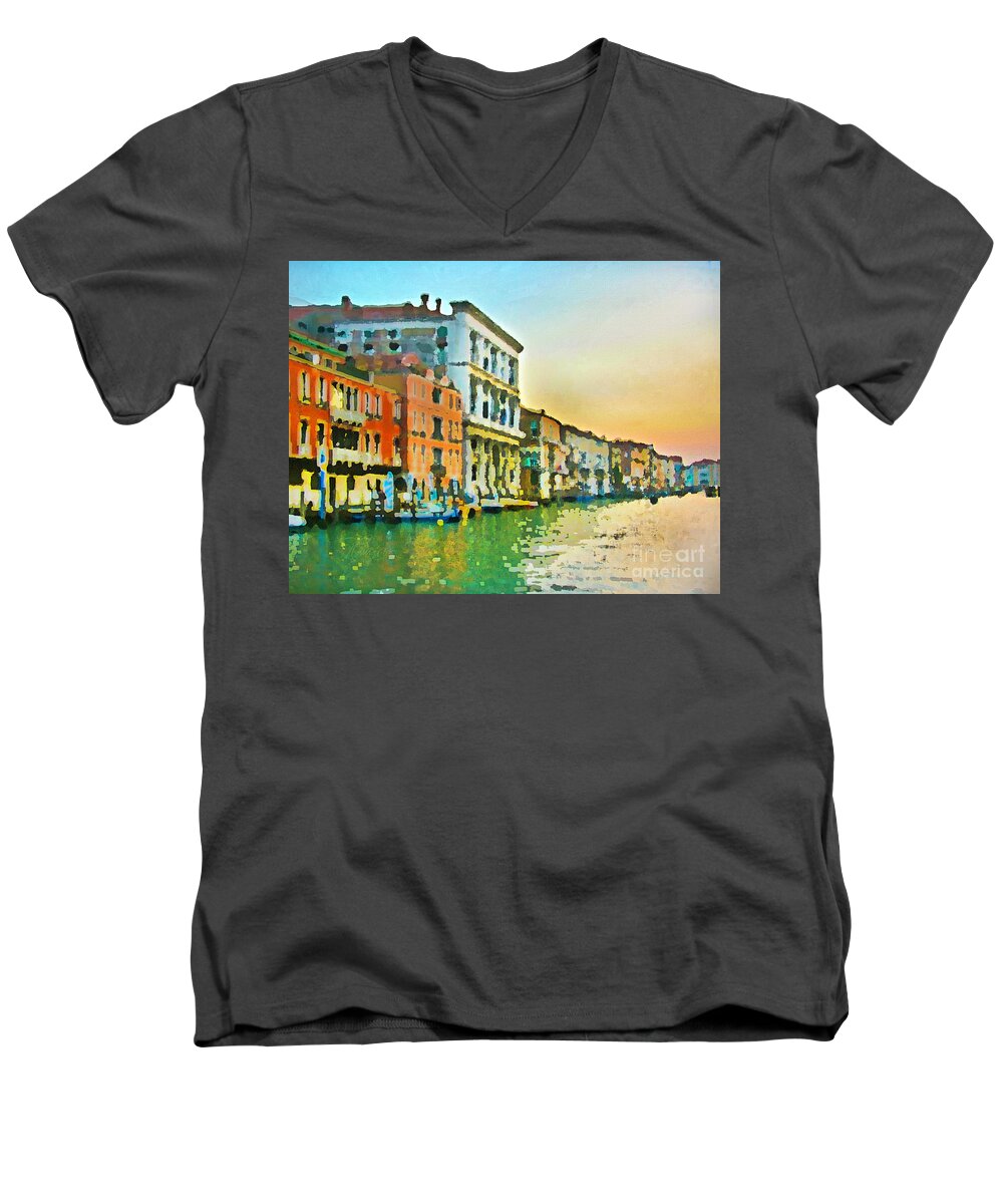 Grand Canal Men's V-Neck T-Shirt featuring the photograph Canal Sunset - Venice by Tom Cameron