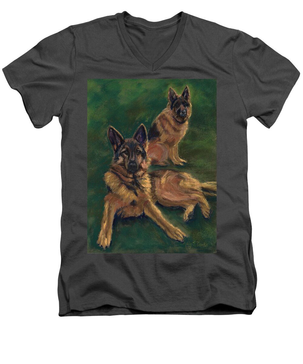 Alsatian Men's V-Neck T-Shirt featuring the painting Canine Repose by Mary Benke
