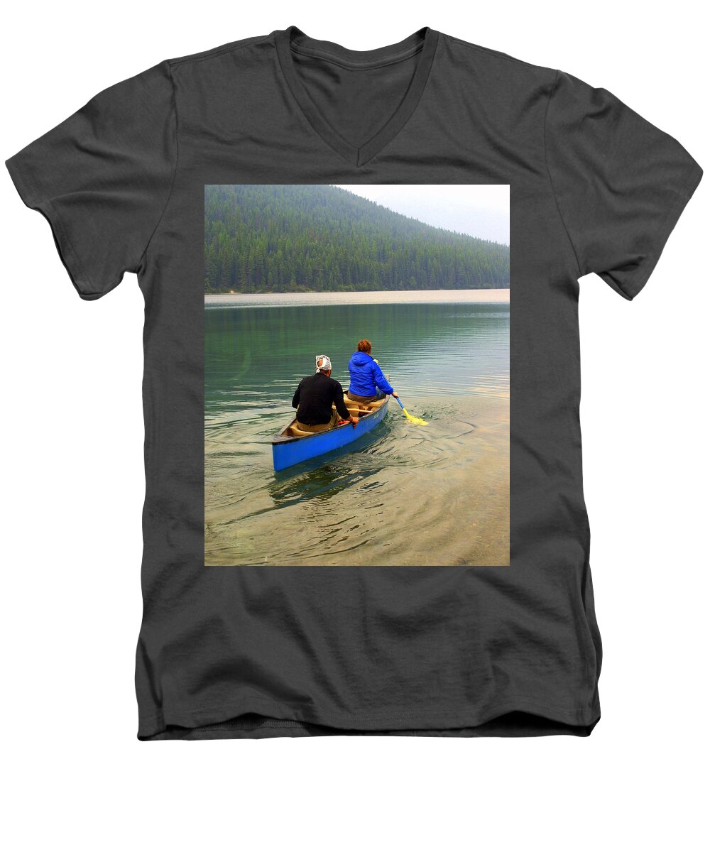 Glacier National Park Men's V-Neck T-Shirt featuring the photograph Canoeing Glacier Park by Marty Koch