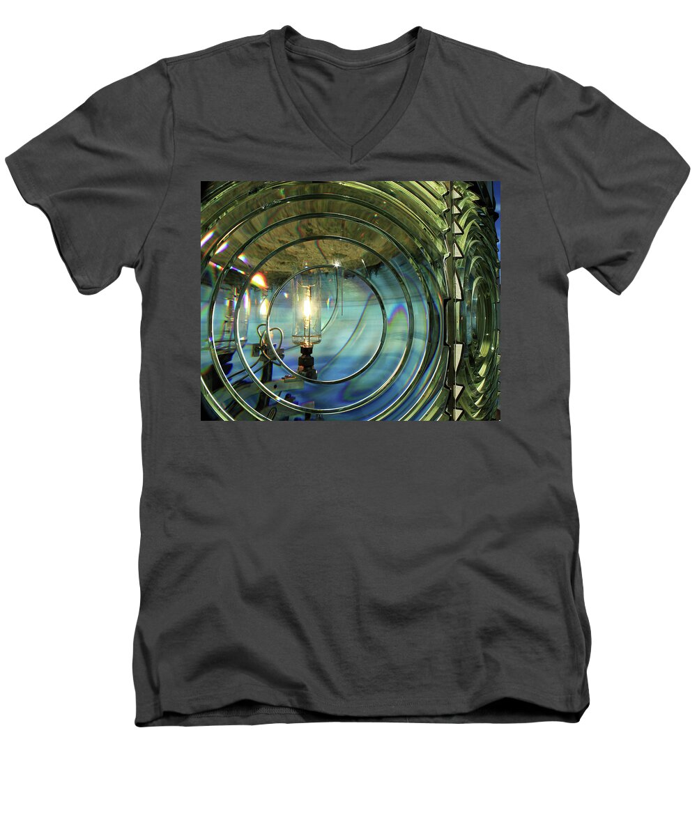 Lighthouse Men's V-Neck T-Shirt featuring the photograph Cape Blanco Lighthouse Lens by James Eddy