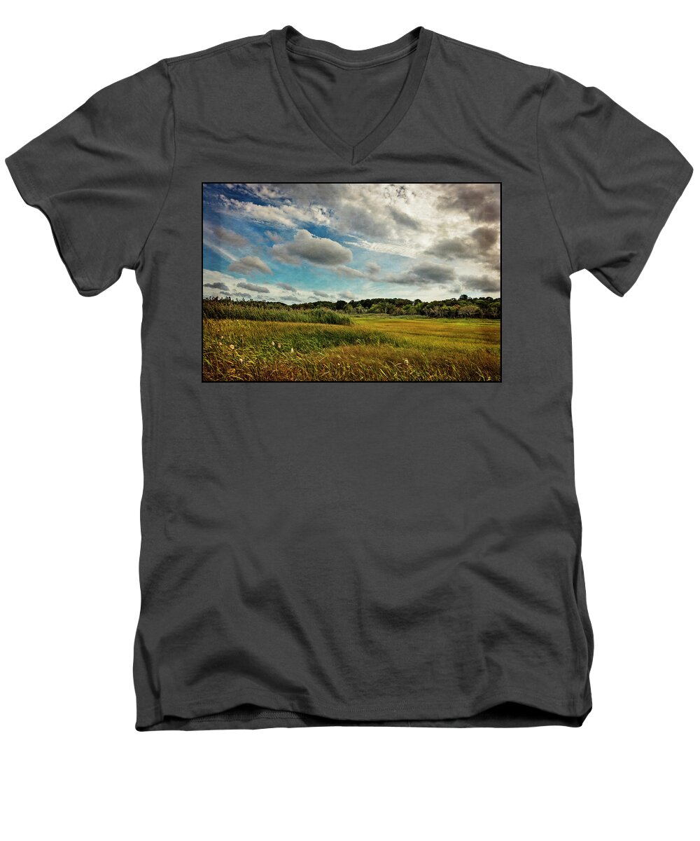 Clouds Men's V-Neck T-Shirt featuring the photograph Cape Cod Marsh 2 by Frank Winters