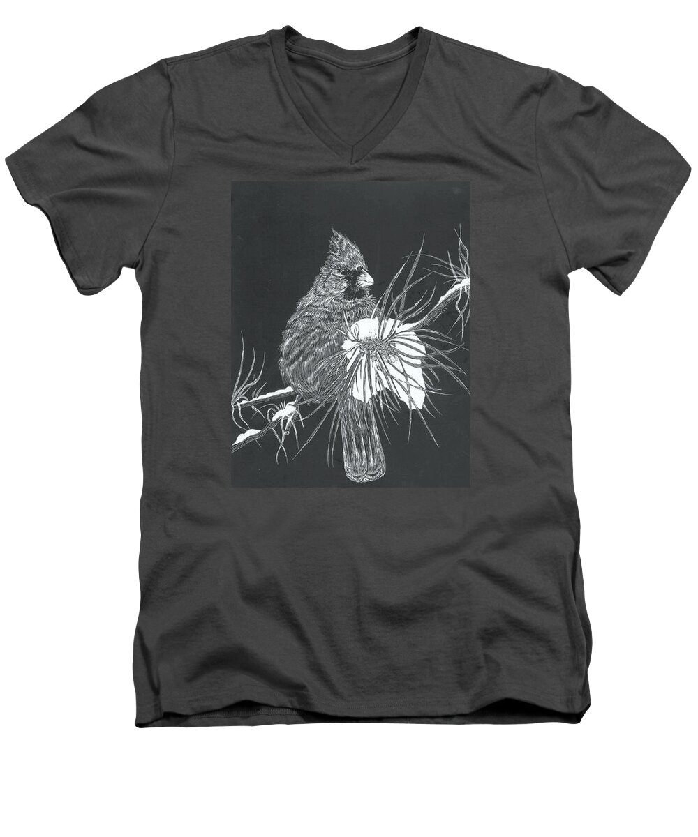 Branches Men's V-Neck T-Shirt featuring the mixed media Cardinal scratch board by Darren Cannell