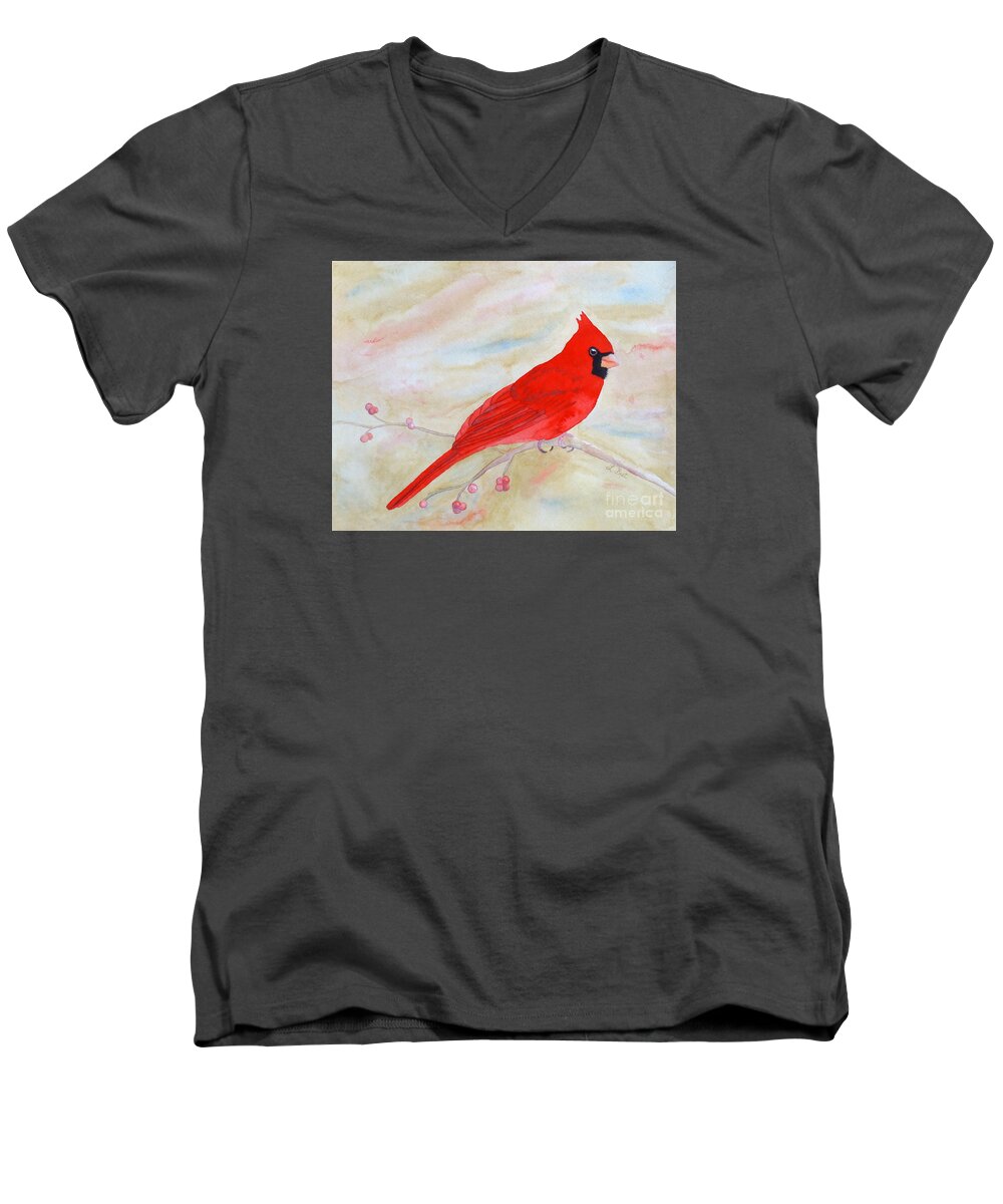 Cardinal Men's V-Neck T-Shirt featuring the painting Cardinal Watching by Laurel Best