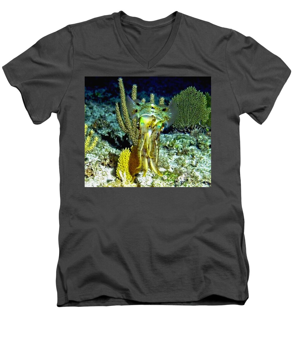 Nature Men's V-Neck T-Shirt featuring the photograph Caribbean Squid at Night - Alien of the Deep by Amy McDaniel