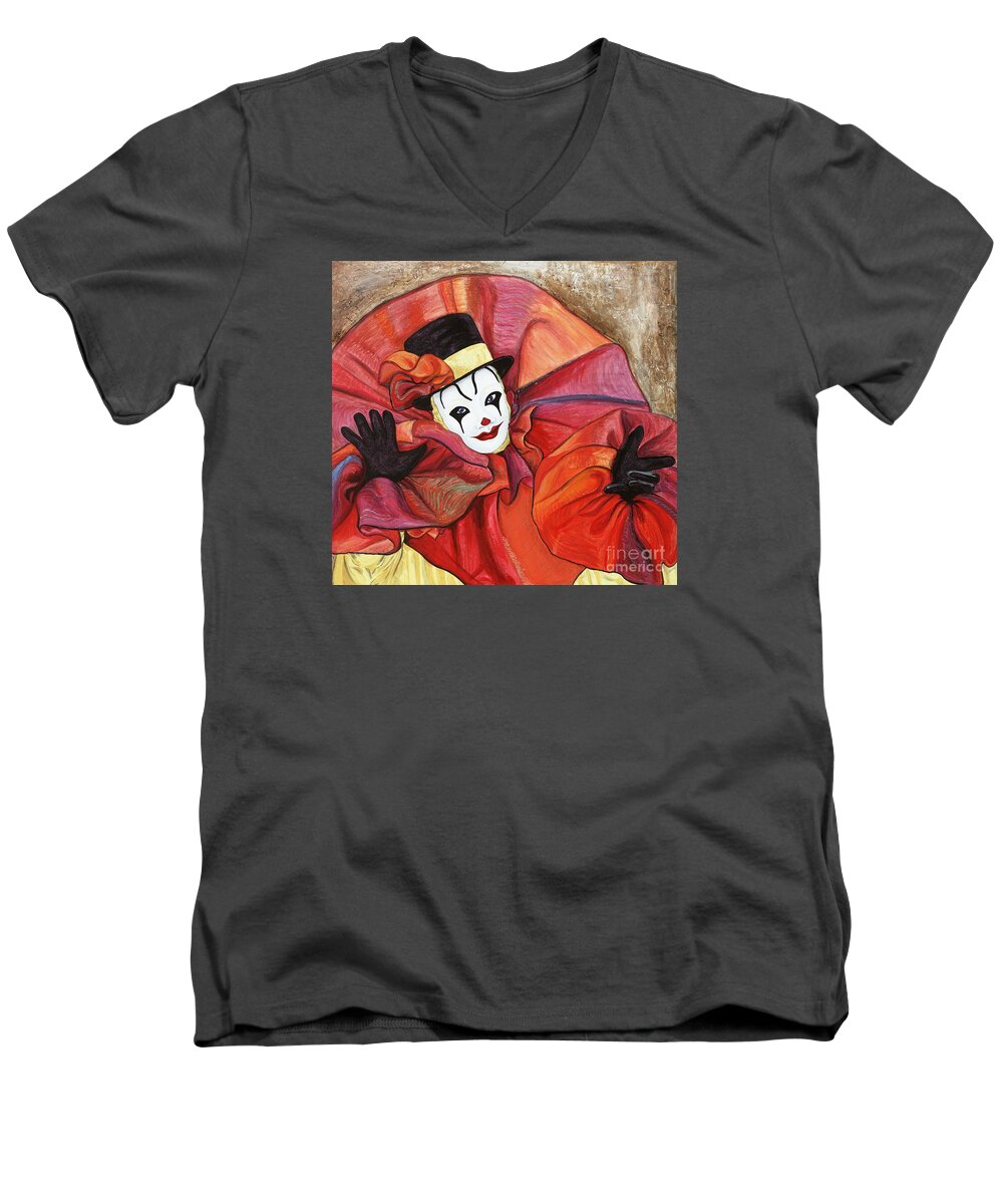 Clown Men's V-Neck T-Shirt featuring the painting Carnival Clown by Patty Vicknair