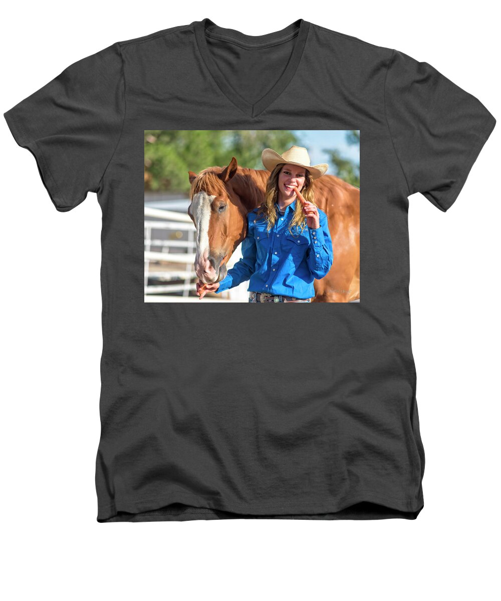 Carrots Men's V-Neck T-Shirt featuring the photograph Carrots,Cowgirls and Horses by Walter Herrit