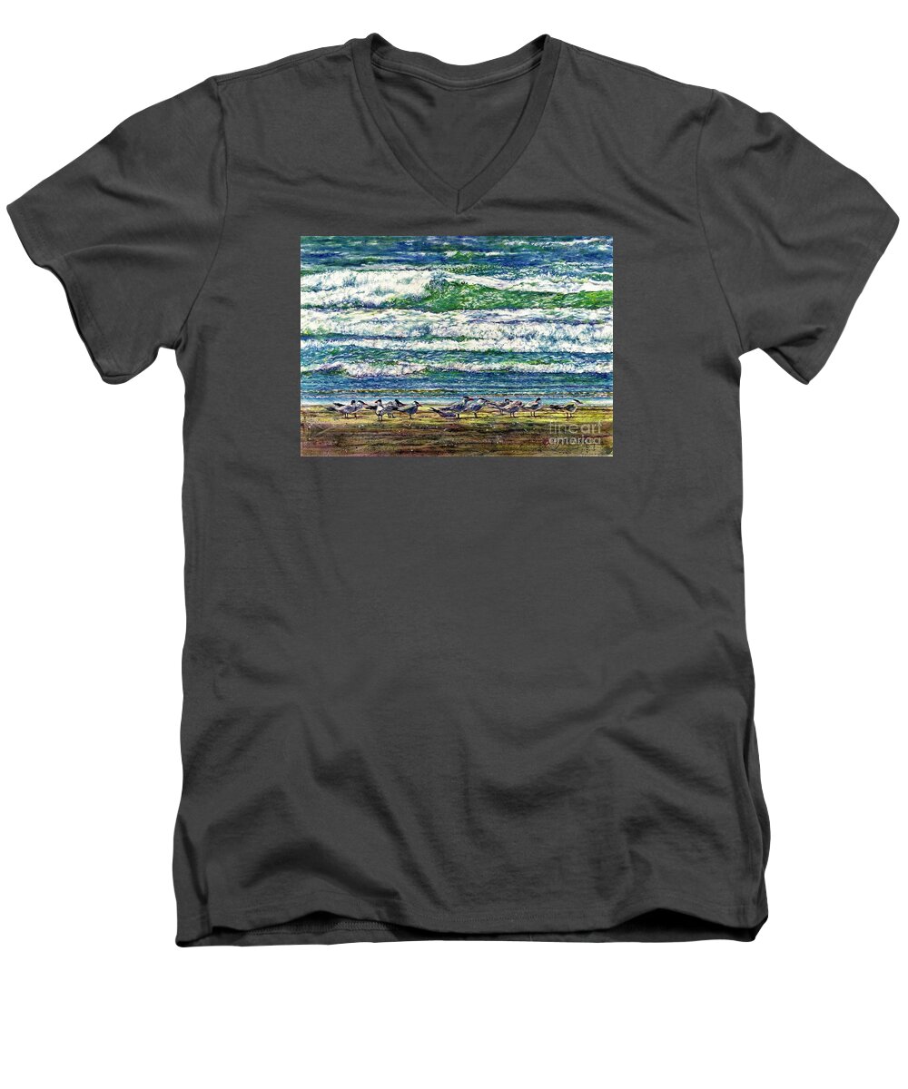 Coastal Birds Men's V-Neck T-Shirt featuring the painting Caspian Terns by the Ocean by Cynthia Pride
