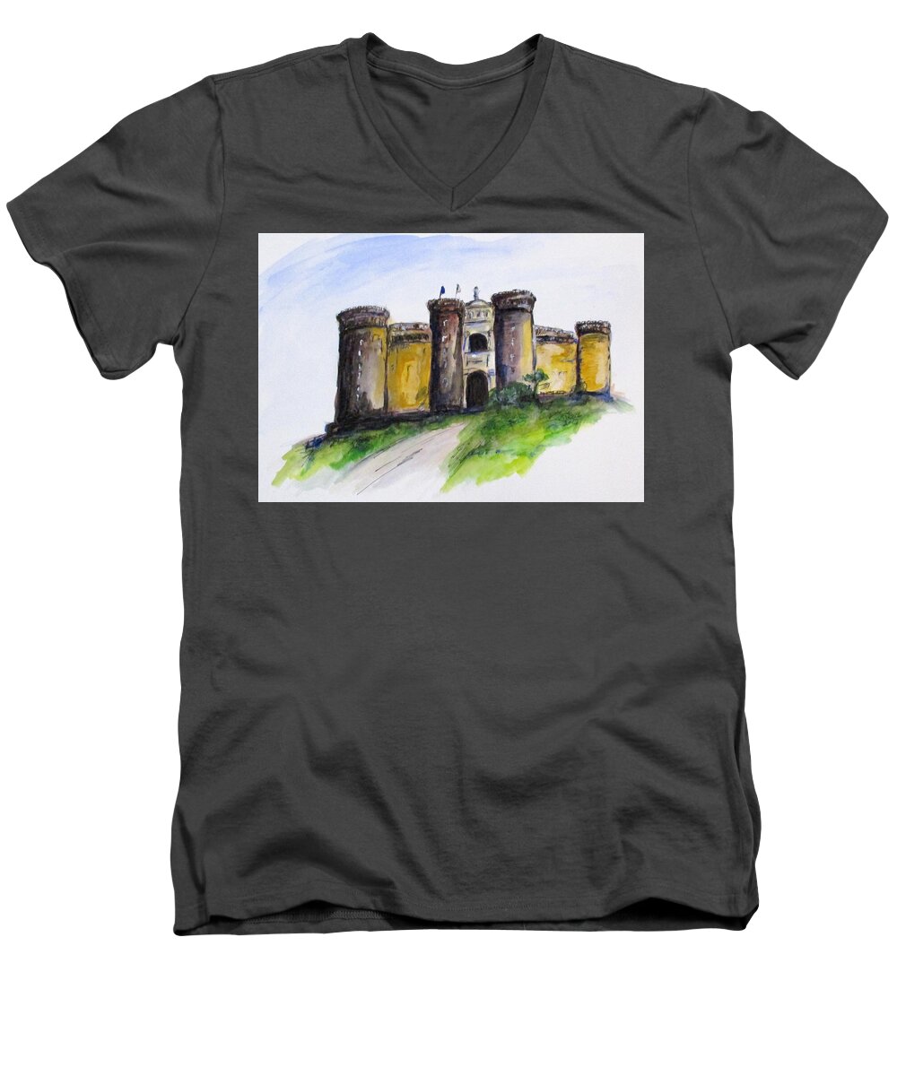 Painting Men's V-Neck T-Shirt featuring the painting Castle Nuovo, Napoli by Clyde J Kell
