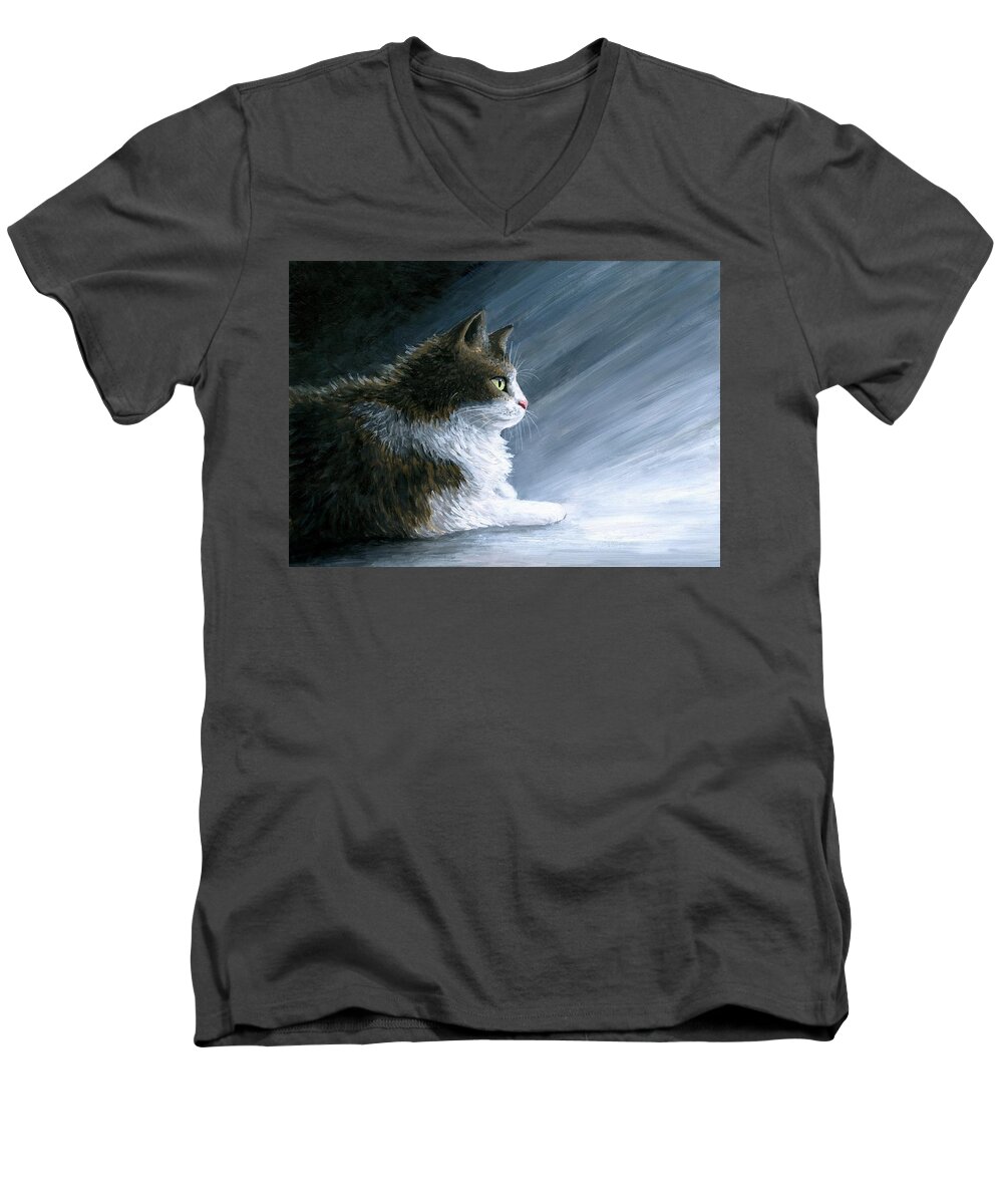 Cat Men's V-Neck T-Shirt featuring the painting Cat 594 by Lucie Dumas