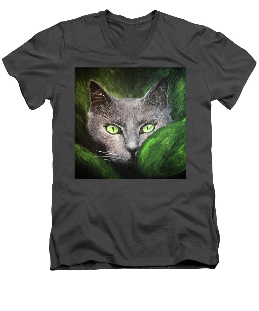 Cat Men's V-Neck T-Shirt featuring the painting Cat Eyes by Michelle Pier