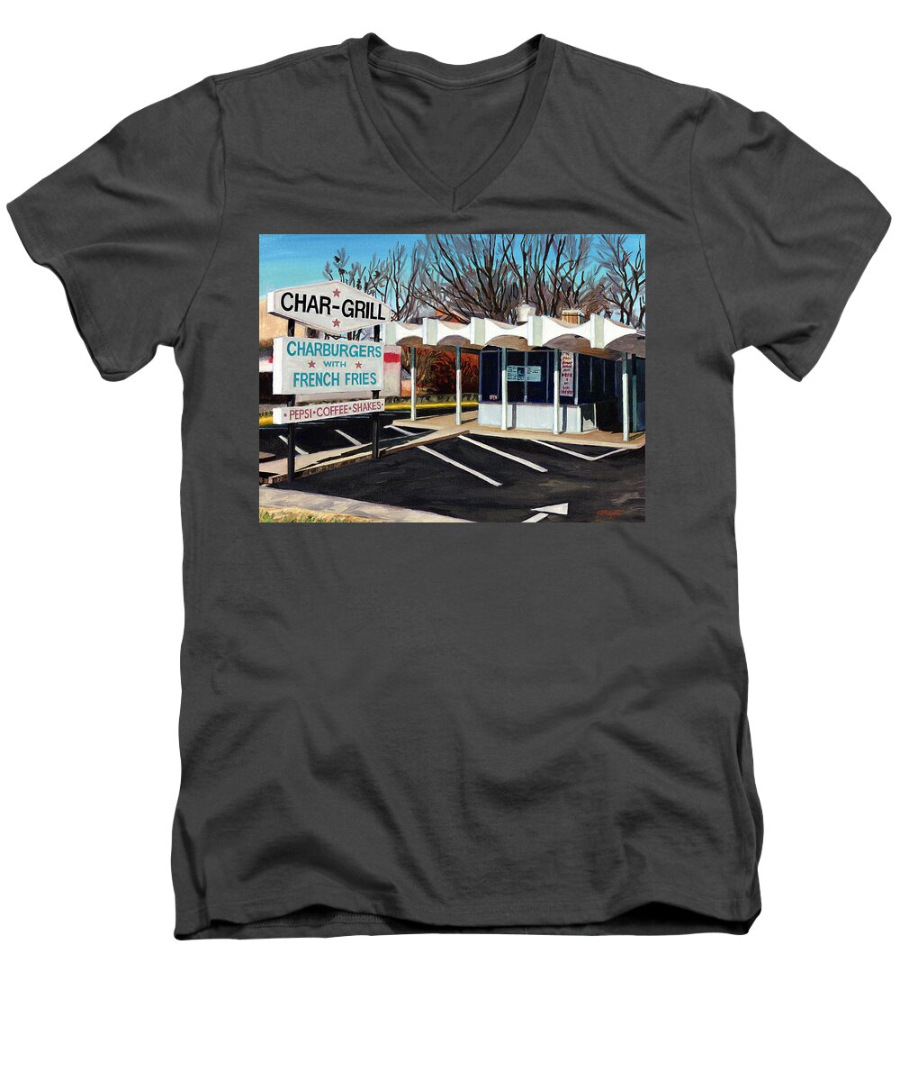 Char-grill Men's V-Neck T-Shirt featuring the painting Char Grill Hillsborough St by Tommy Midyette