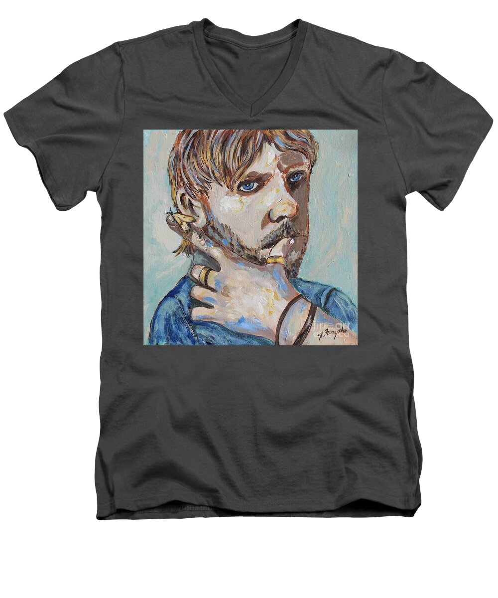 Charlie Men's V-Neck T-Shirt featuring the painting Charlie and the Moth by Jeanne Forsythe