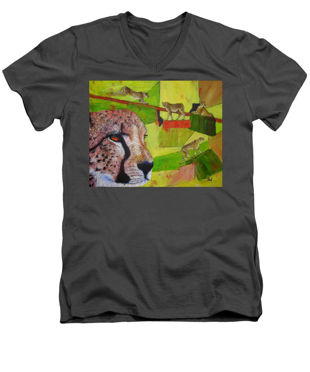 Art Men's V-Neck T-Shirt featuring the painting Cheetahs at play by Shirley Wellstead