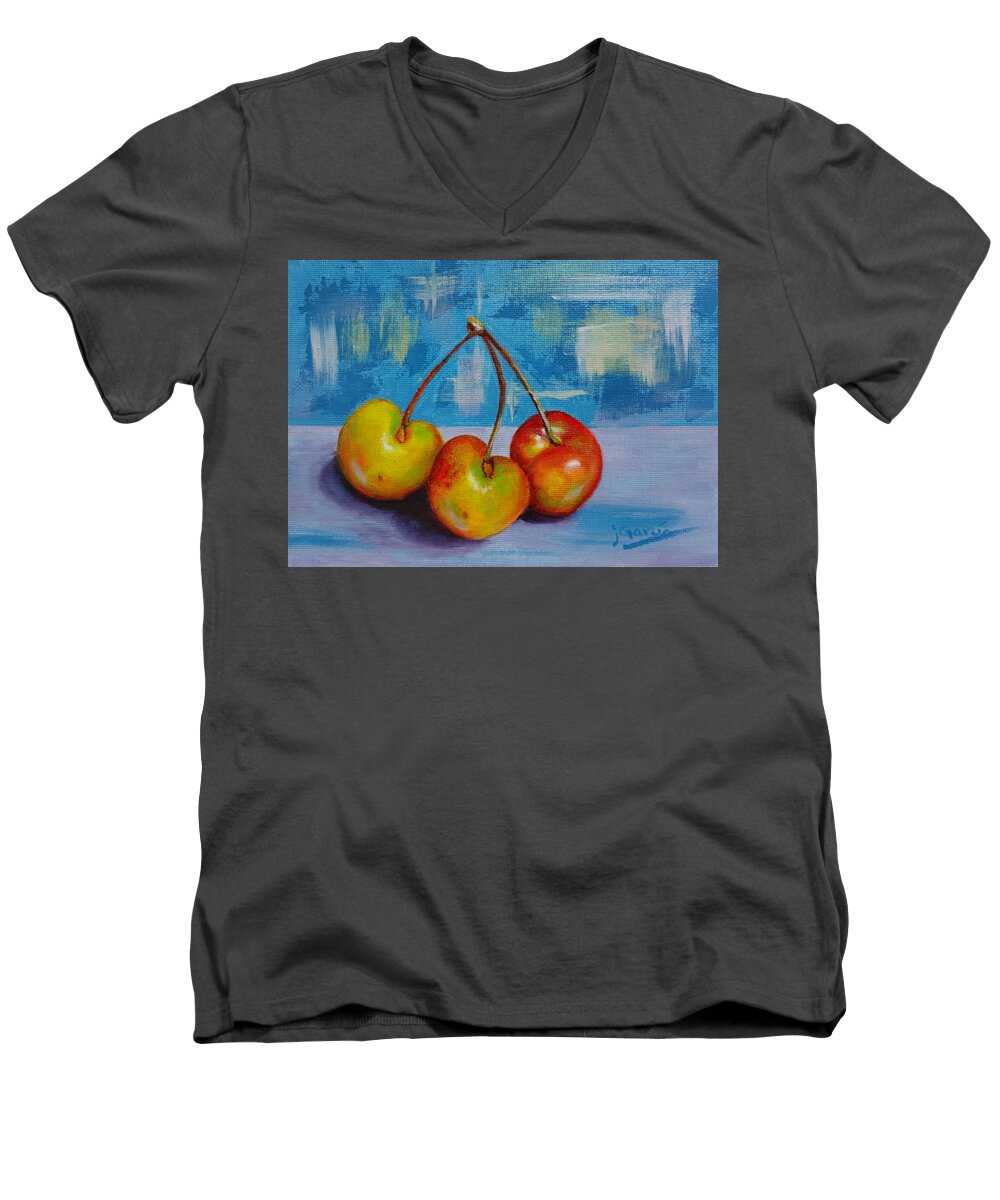 Cherries Men's V-Neck T-Shirt featuring the painting Cherries Trio by Janet Garcia