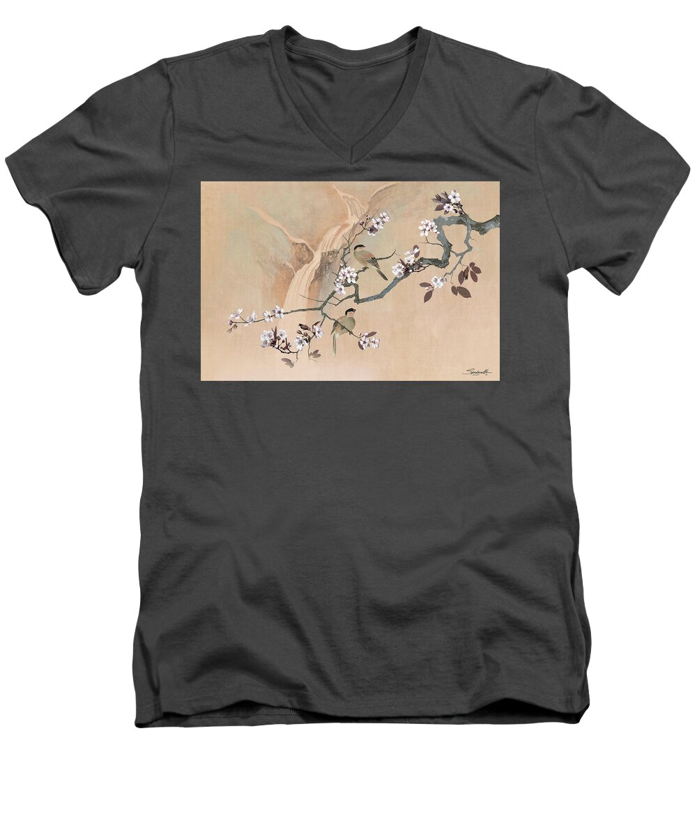 Birds Men's V-Neck T-Shirt featuring the digital art Cherry Blossom Tree And Two Birds by M Spadecaller