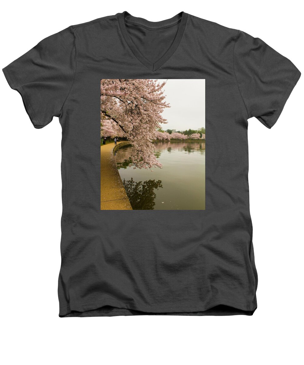 Tidal Basin Men's V-Neck T-Shirt featuring the photograph Cherry Blossoms Along the Tidal Basin 8x10 by Leah Palmer