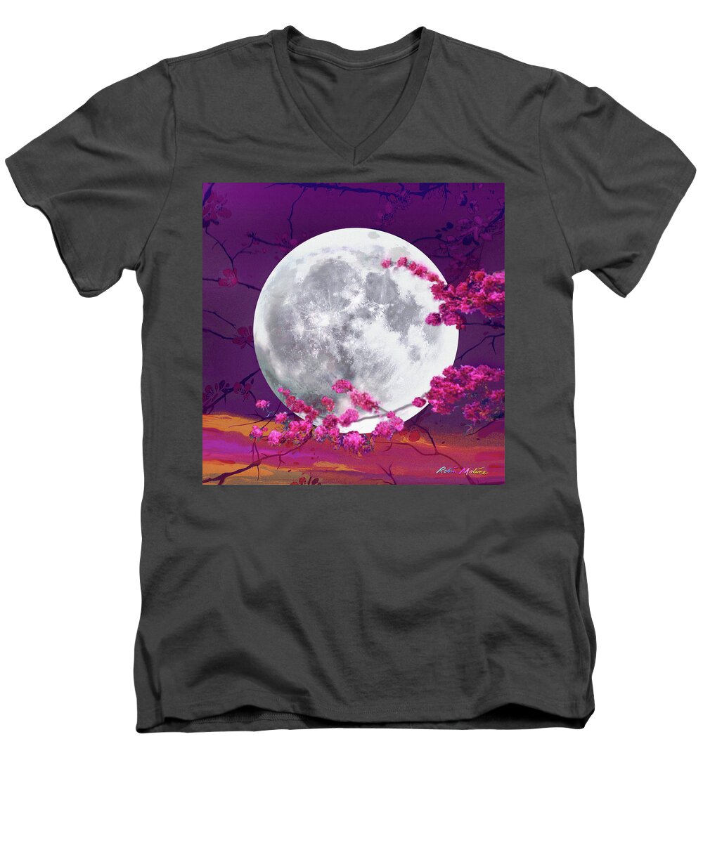 Cherry Moon Men's V-Neck T-Shirt featuring the digital art Cherry Moon by Robin Moline
